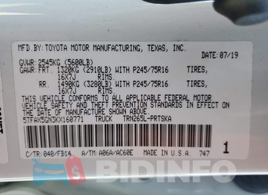 5TFAX5GN3KX160771 Photo# 12