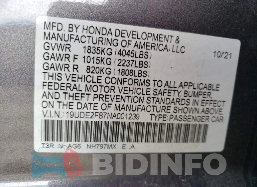 19UDE2F87NA001239 Photo# 12