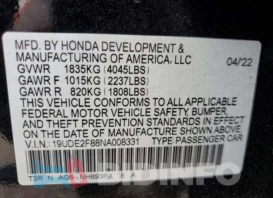 19UDE2F88NA008331 Photo# 12