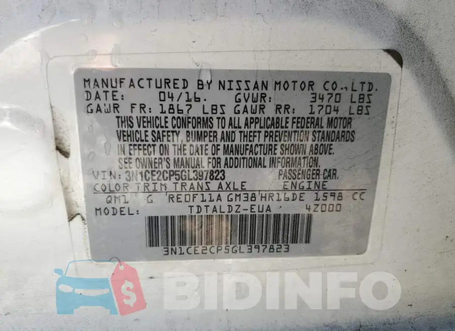 3N1CE2CP5GL397823 Photo# 13
