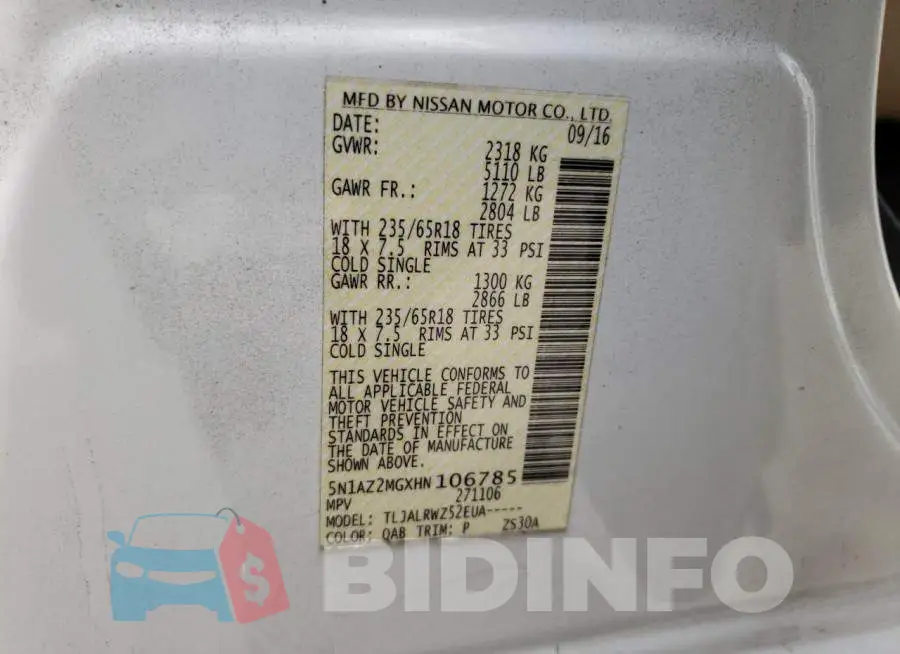 5N1AZ2MGXHN106785 Photo# 10