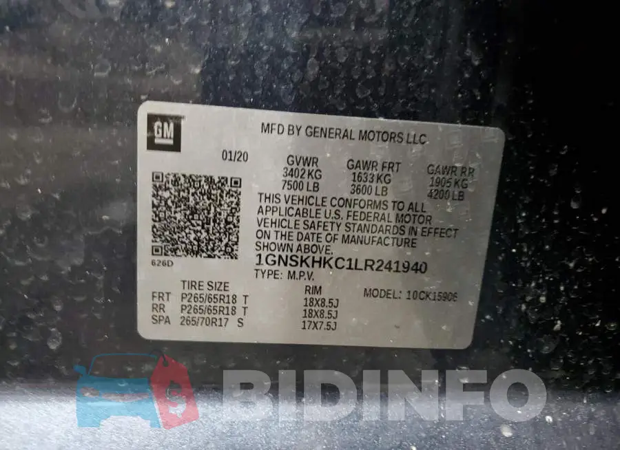 1GNSKHKC1LR241940 Photo# 12