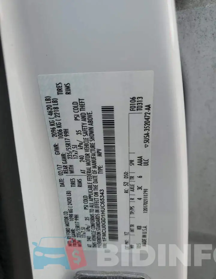 1FMCU0GD1HUC65343 Photo# 12