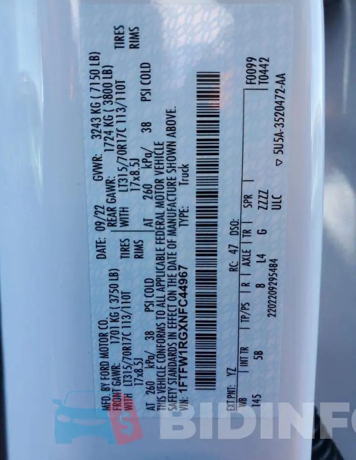 1FTFW1RGXNFC44967 Photo# 13
