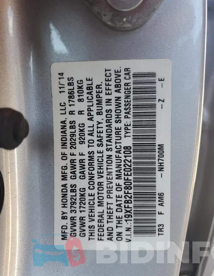 19XFB2F80FE022108 Photo# 12