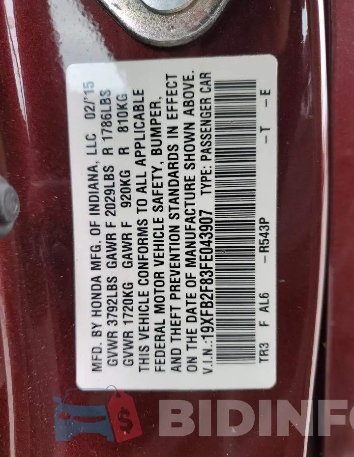 19XFB2F83FE043907 Photo# 12