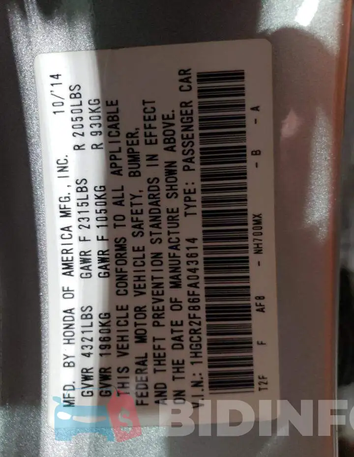 1HGCR2F86FA043614 Photo# 12