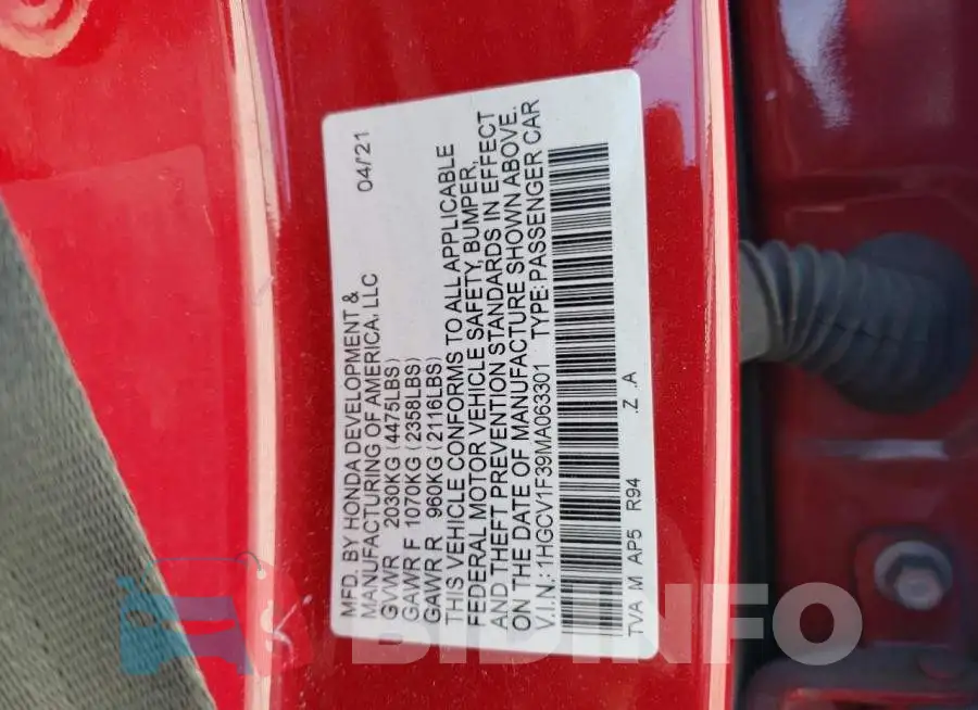 1HGCV1F39MA063301 Photo# 12