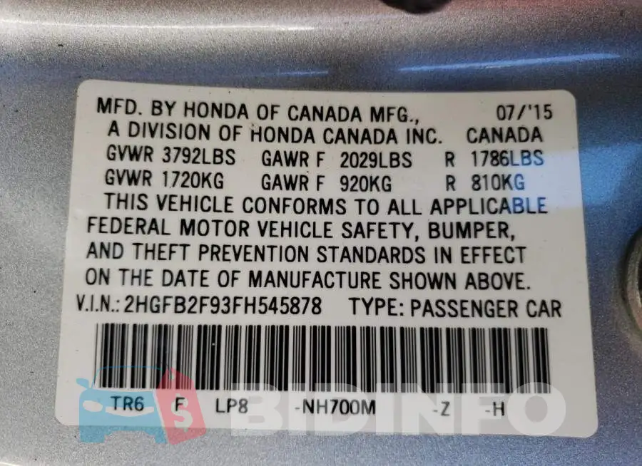 2HGFB2F93FH545878 Photo# 12