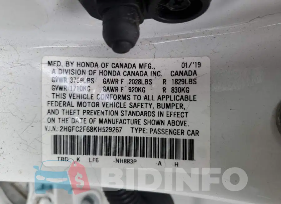 2HGFC2F68KH529267 Photo# 12