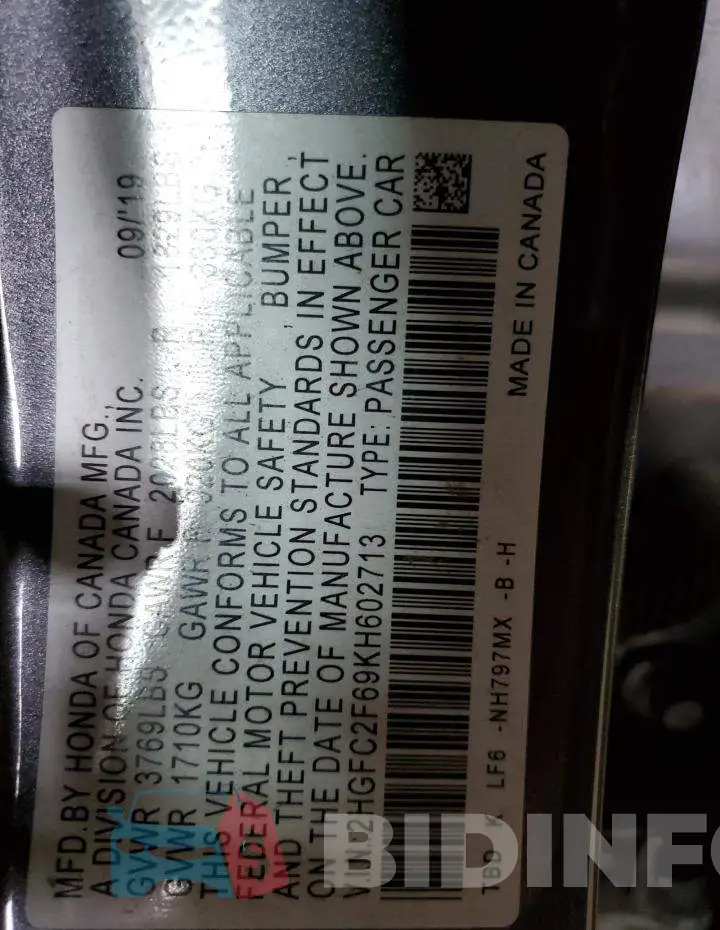 2HGFC2F69KH602713 Photo# 12