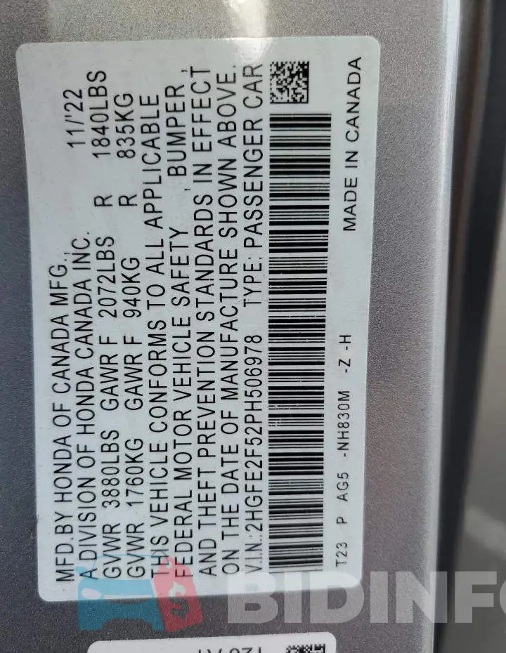 2HGFE2F52PH506978 Photo# 12