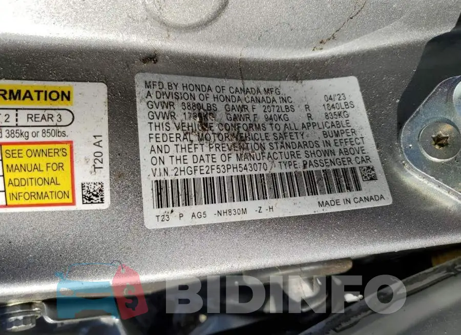 2HGFE2F53PH543070 Photo# 13