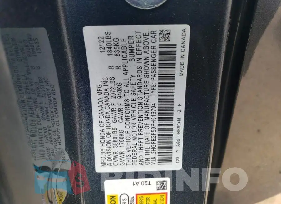 2HGFE2F59PH516794 Photo# 12