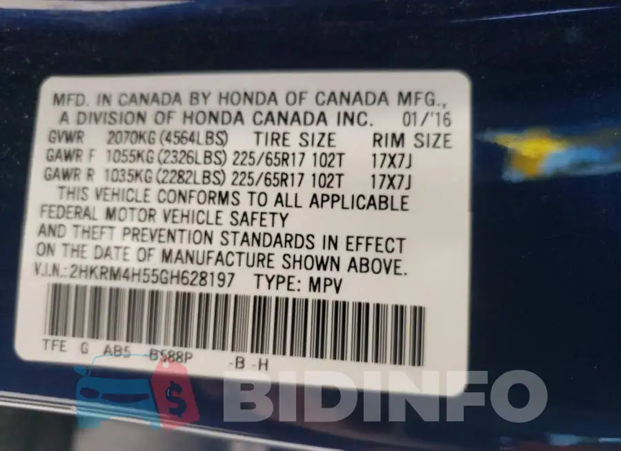 2HKRM4H55GH628197 Photo# 13