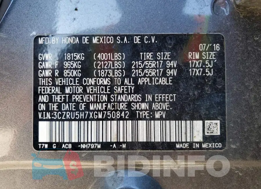 3CZRU5H7XGM750842 Photo# 12