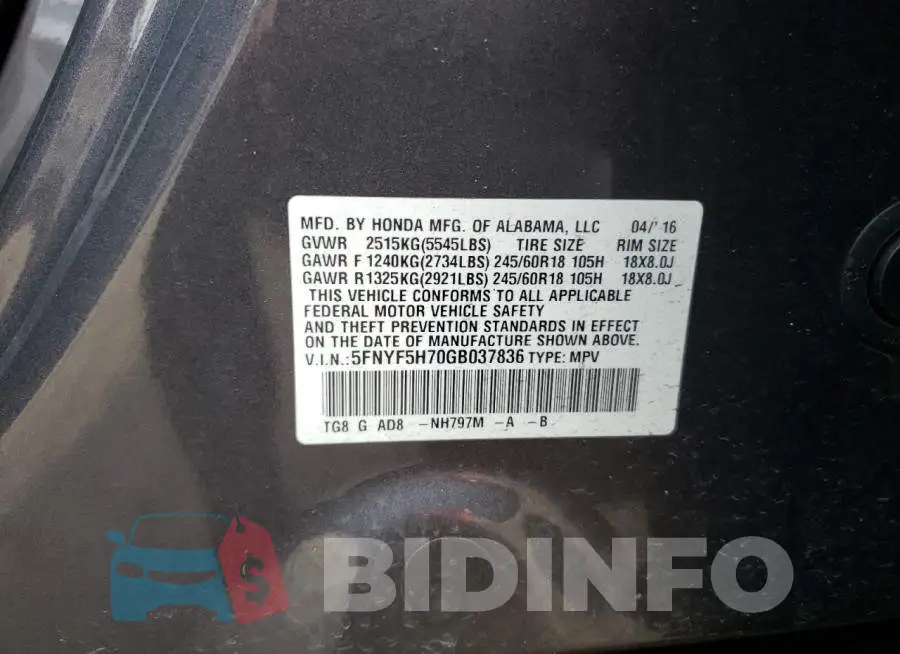 5FNYF5H70GB037836 Photo# 12