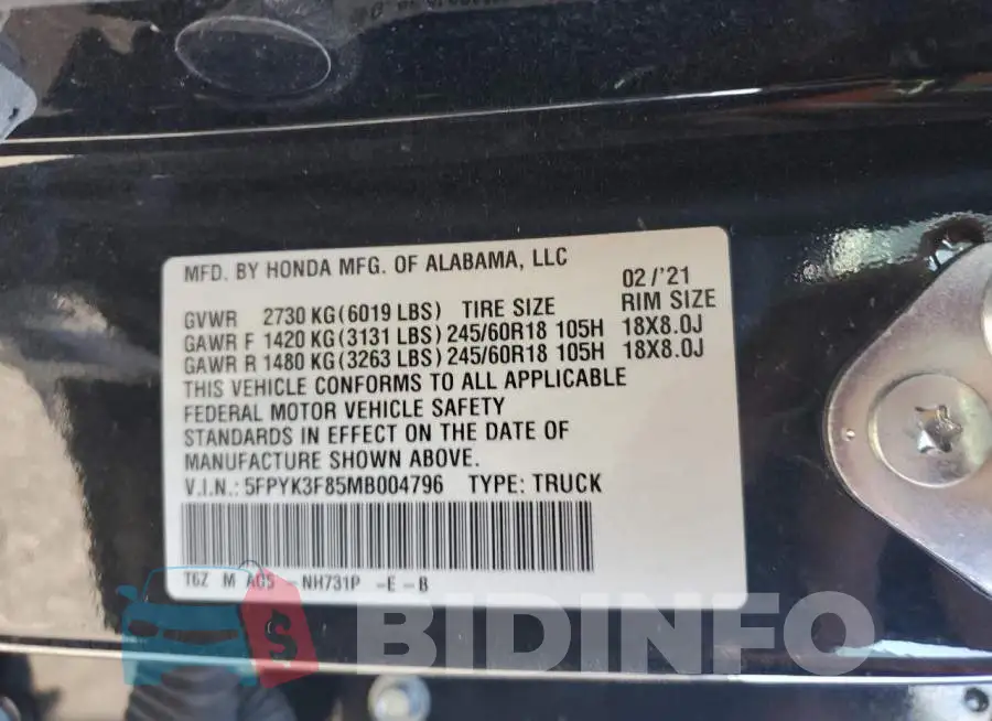 5FPYK3F85MB004796 Photo# 13