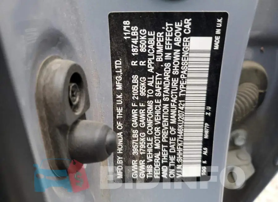 SHHFK7H46KU207421 Photo# 12