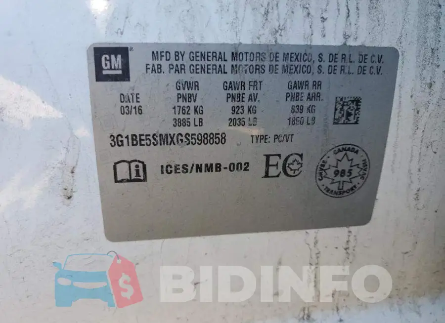 3G1BE5SMXGS598858 Photo# 12
