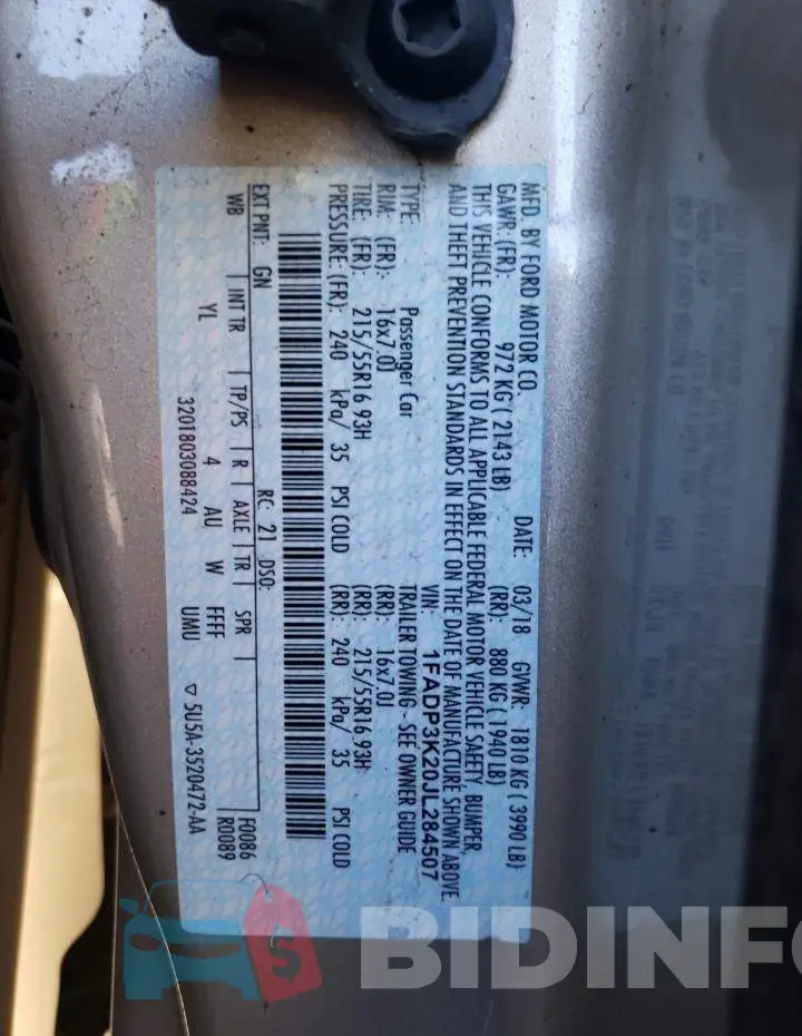 1FADP3K20JL284507 Photo# 12