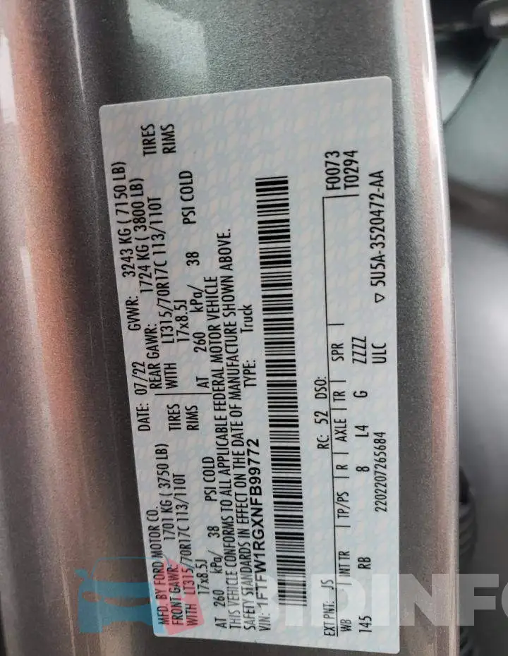 1FTFW1RGXNFB99772 Photo# 13