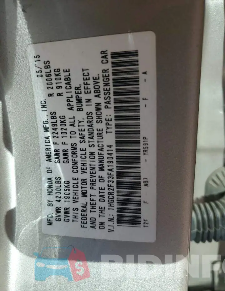 1HGCR2F33FA190414 Photo# 12