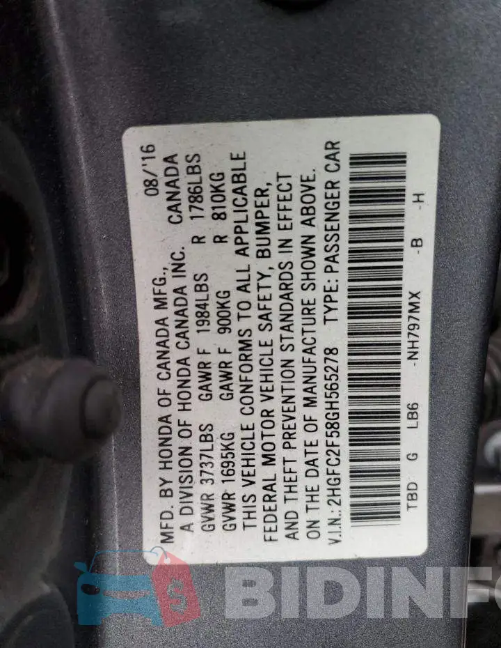 2HGFC2F58GH565278 Photo# 12