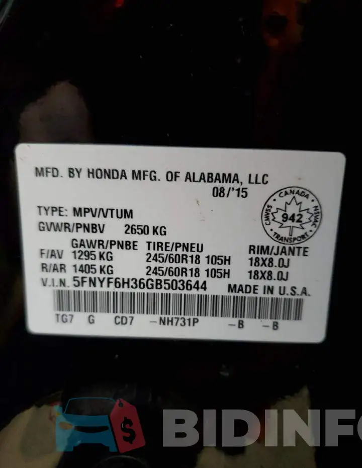 5FNYF6H36GB503644 Photo# 13
