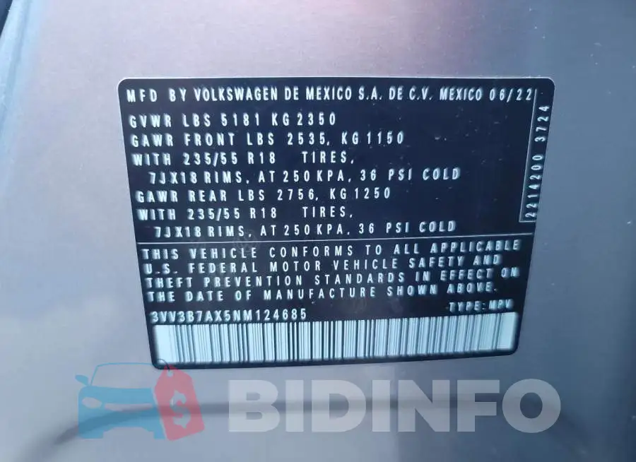3VV3B7AX5NM124685 Photo# 13