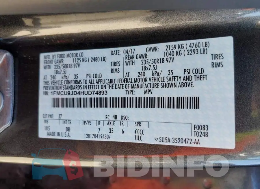 1FMCU9JD4HUD74893 Photo# 13