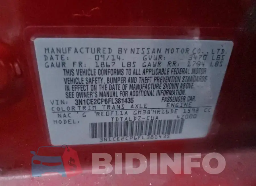 3N1CE2CP6FL381435 Photo# 12