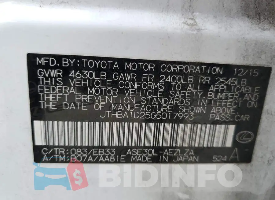 JTHBA1D25G5017993 Photo# 12
