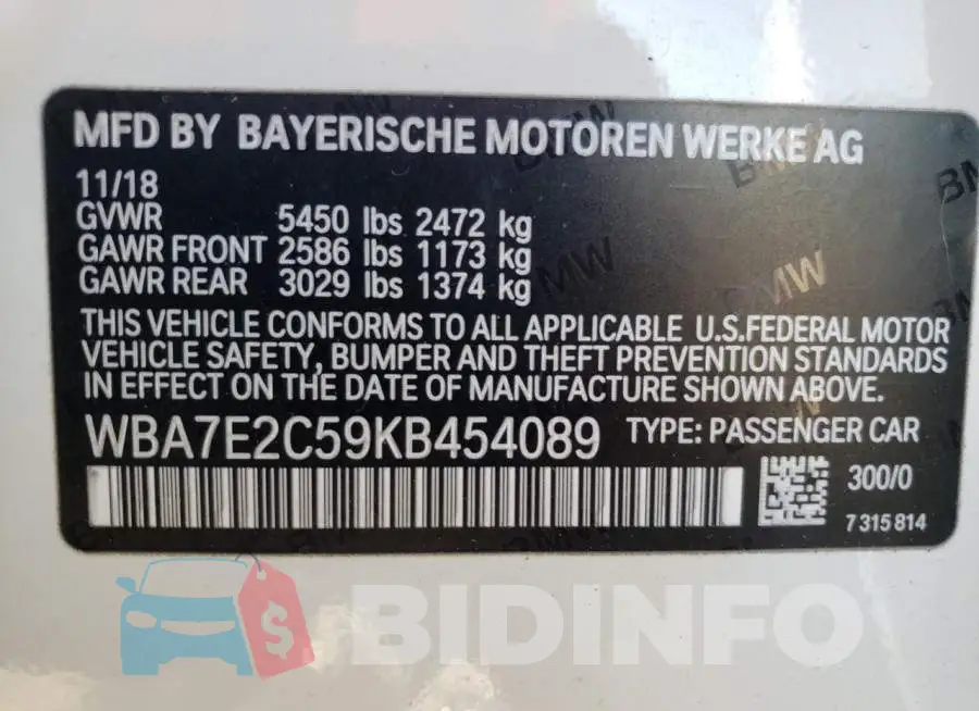 WBA7E2C59KB454089 Photo# 12