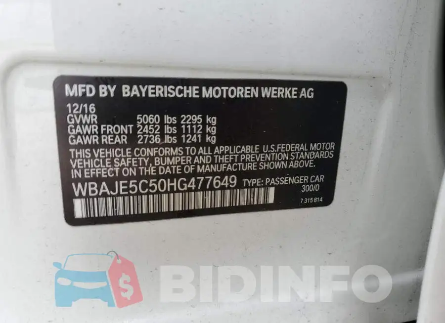 WBAJE5C50HG477649 Photo# 12