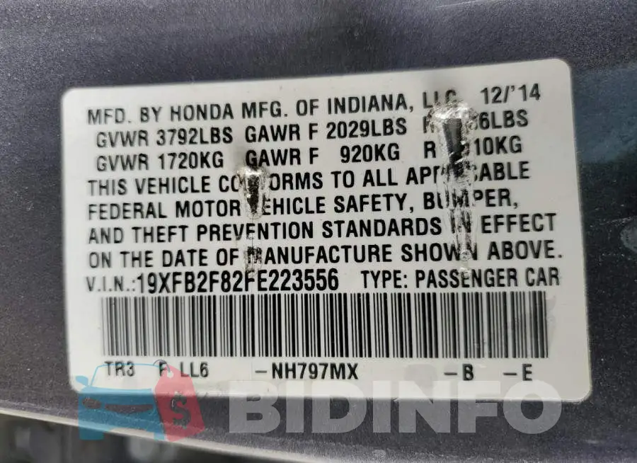 19XFB2F82FE223556 Photo# 12