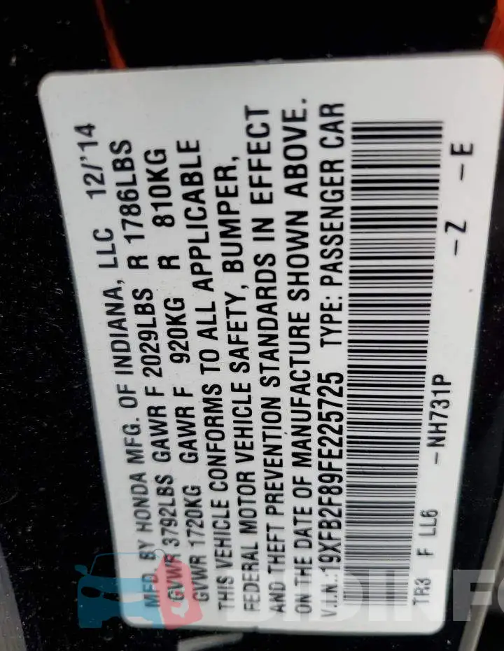 19XFB2F89FE225725 Photo# 12