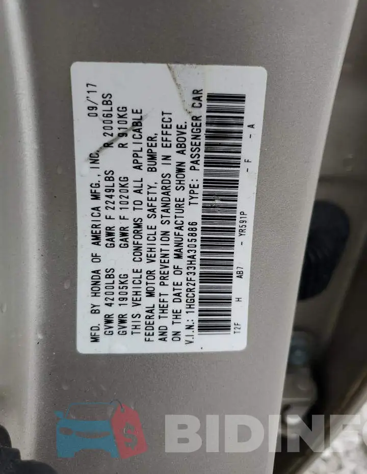 1HGCR2F33HA305886 Photo# 12