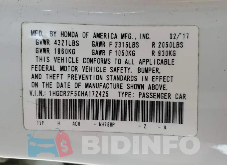 1HGCR2F50HA172425 Photo# 13