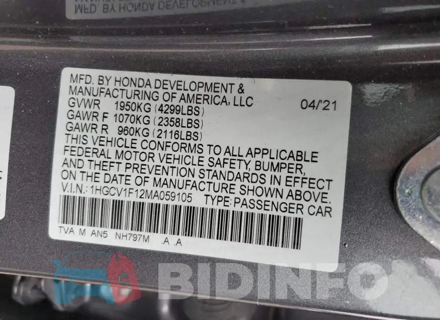 1HGCV1F12MA059105 Photo# 12