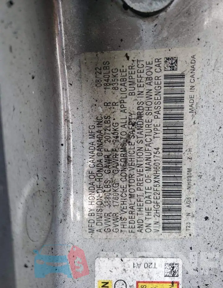 2HGFE2F5XNH601754 Photo# 12