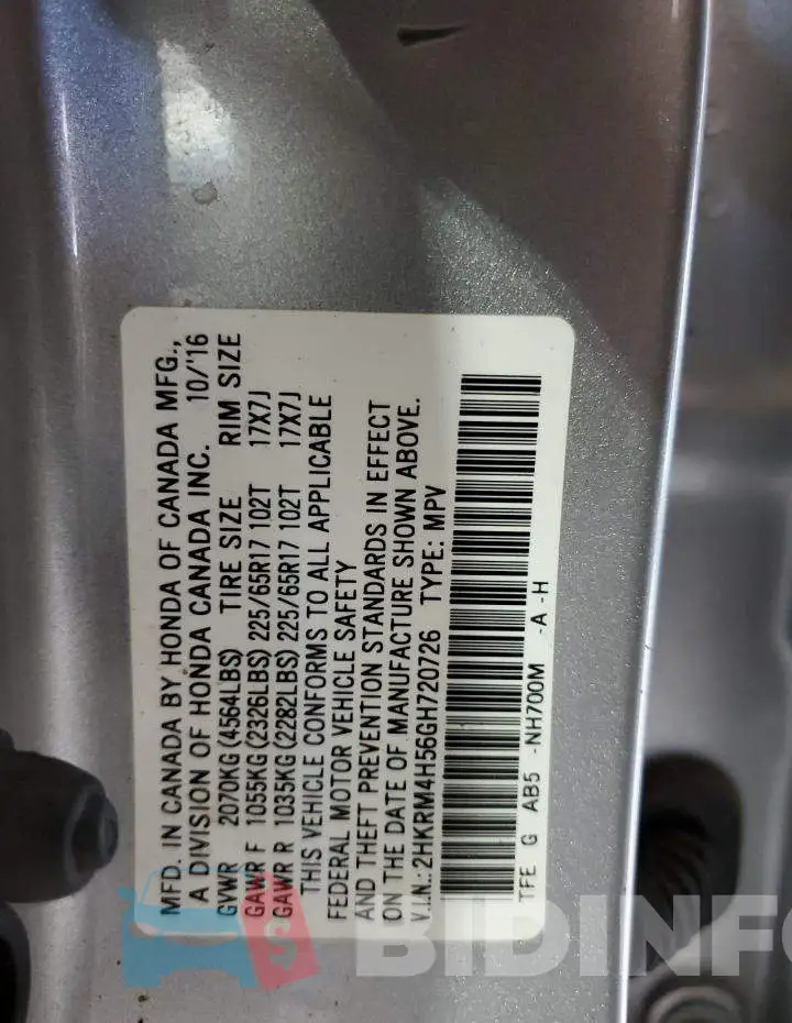 2HKRM4H56GH720726 Photo# 14