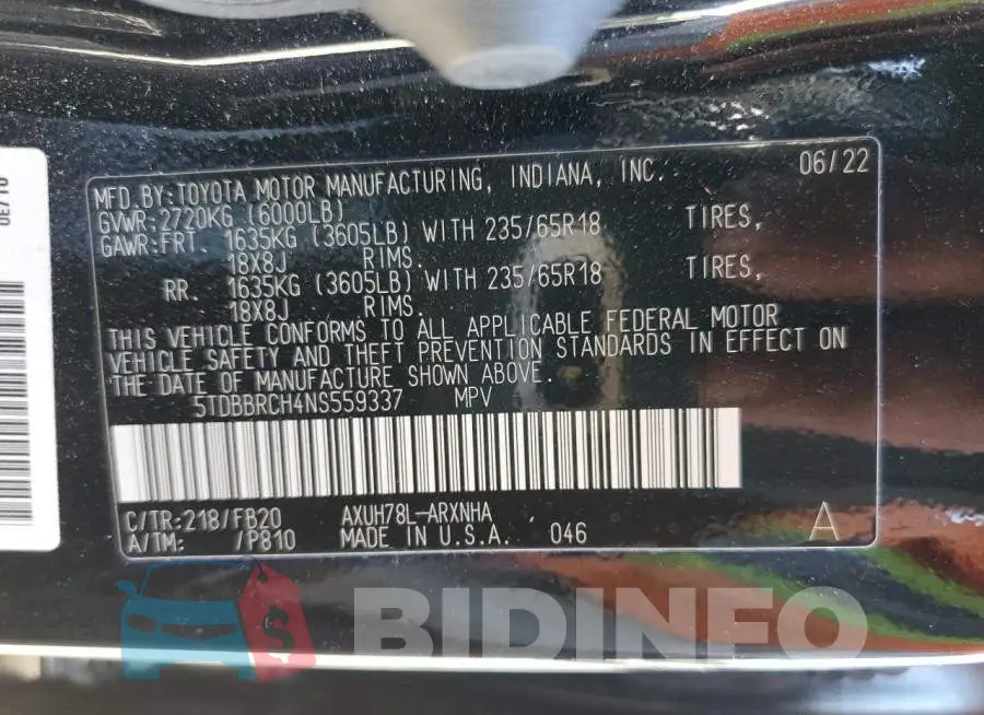 5TDBBRCH4NS559337 Photo# 14