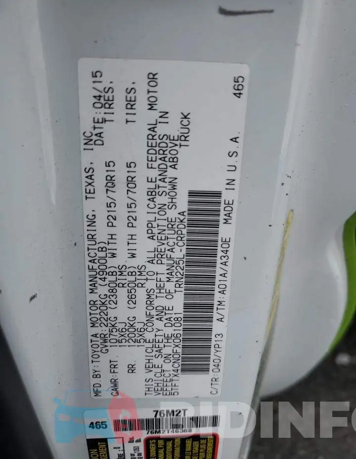 5TFTX4CN0FX061081 Photo# 12
