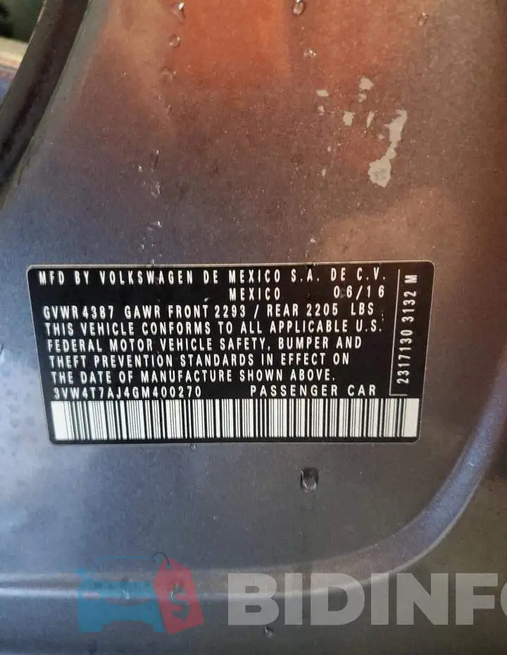 3VW4T7AJ4GM400270 Photo# 12