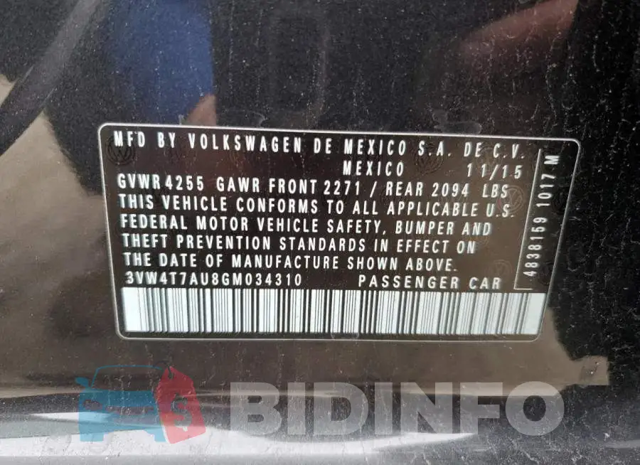 3VW4T7AU8GM034310 Photo# 13