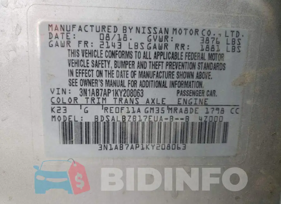 3N1AB7AP1KY208063 Photo# 13