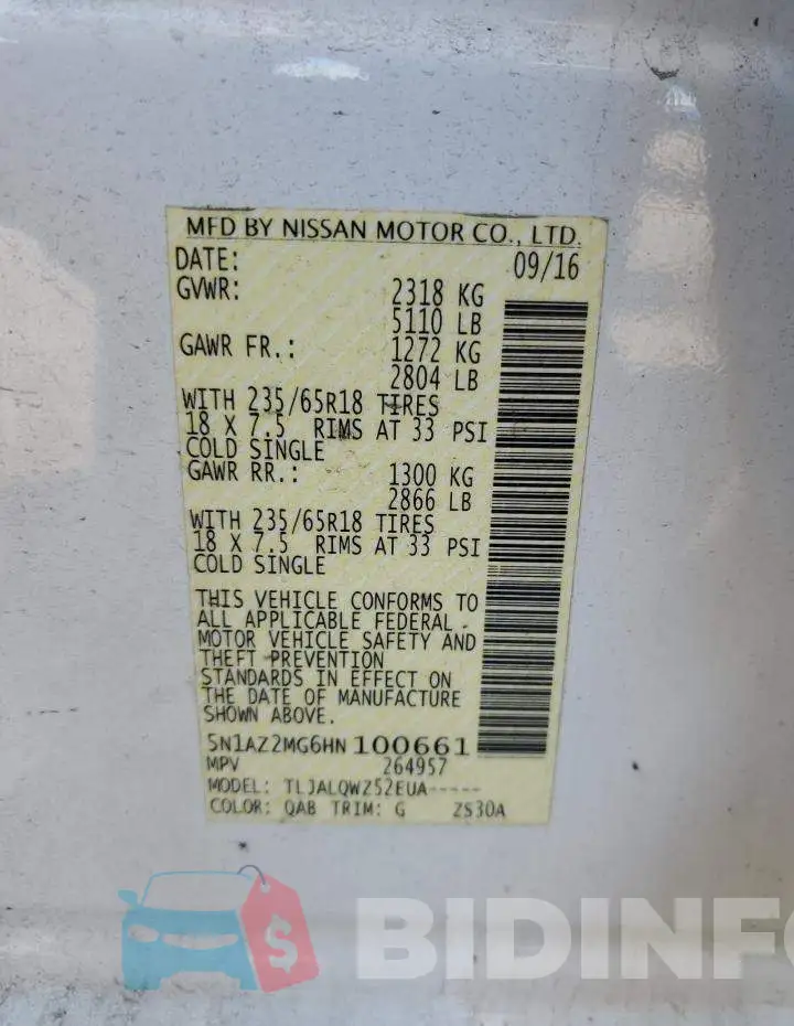 5N1AZ2MG6HN100661 Photo# 13