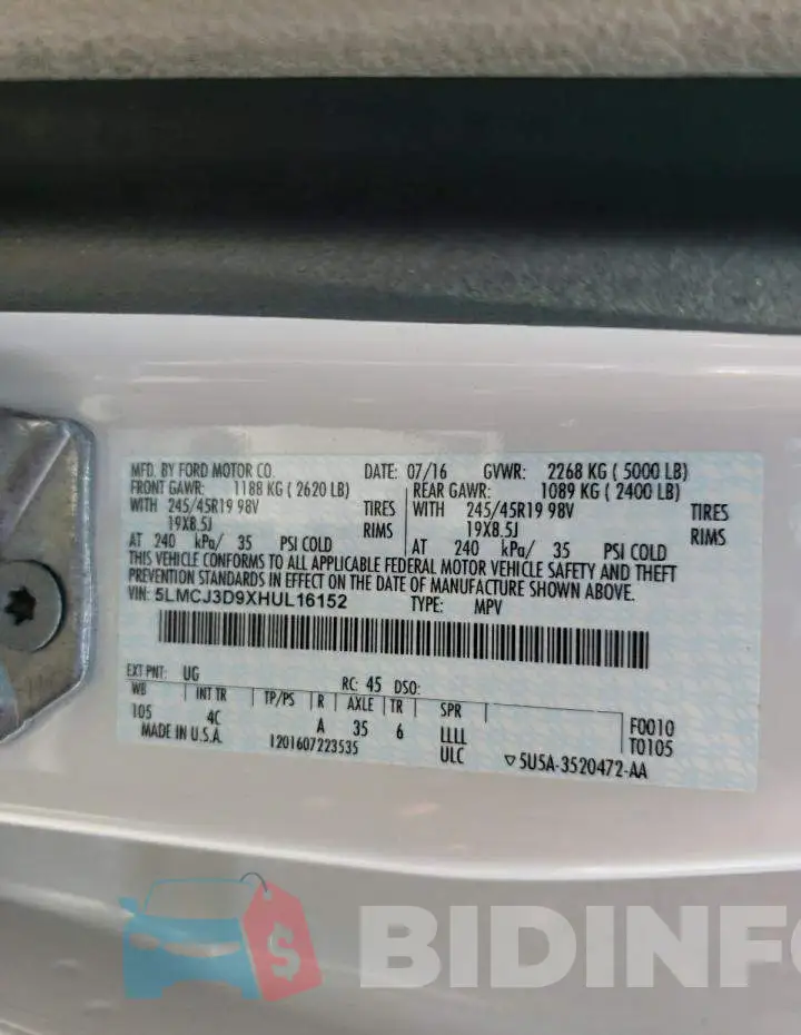 5LMCJ3D9XHUL16152 Photo# 13