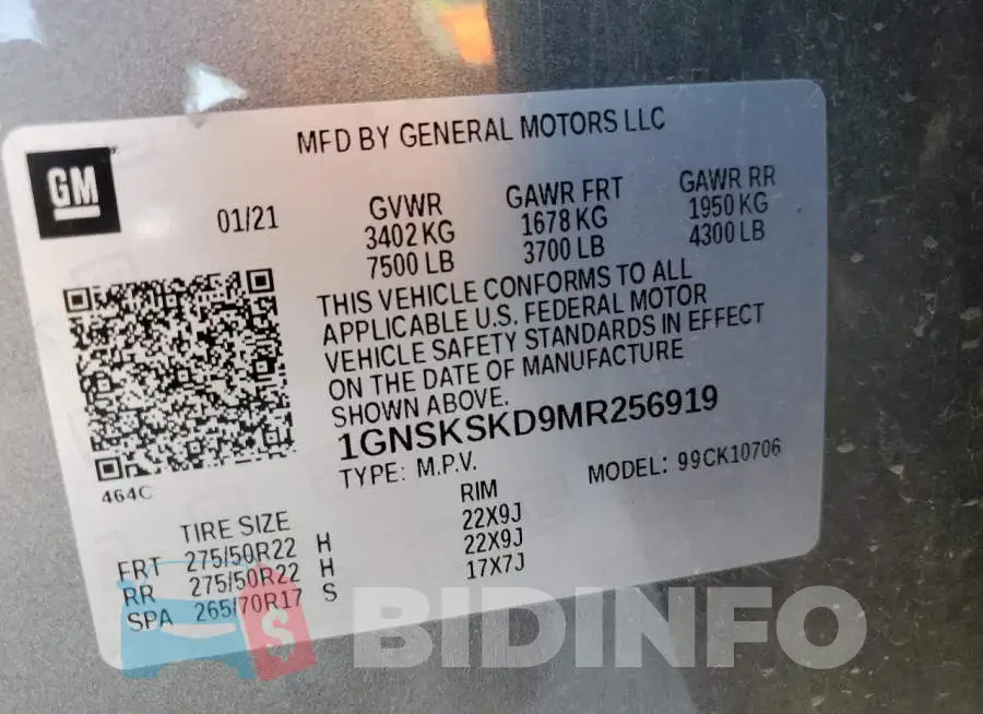 1GNSKSKD9MR256919 Photo# 14